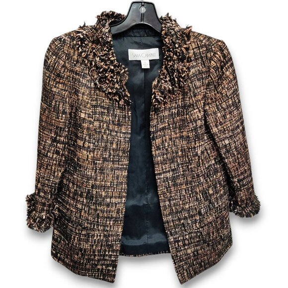 SARA CAMPBELL Open Blazer Jacket Fringed Ruffle Accents Black Brown Neutral 2 - Picture 1 of 10